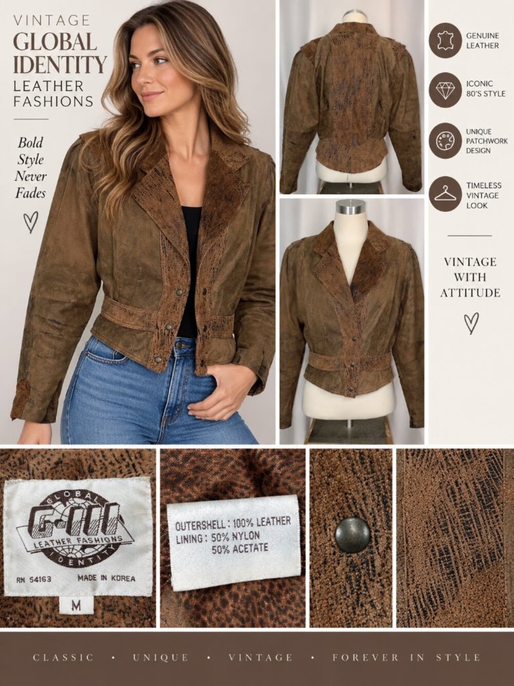 Vintage 80s Global Identity Genuine Leather Jacket Brown Cropped Moto Western M